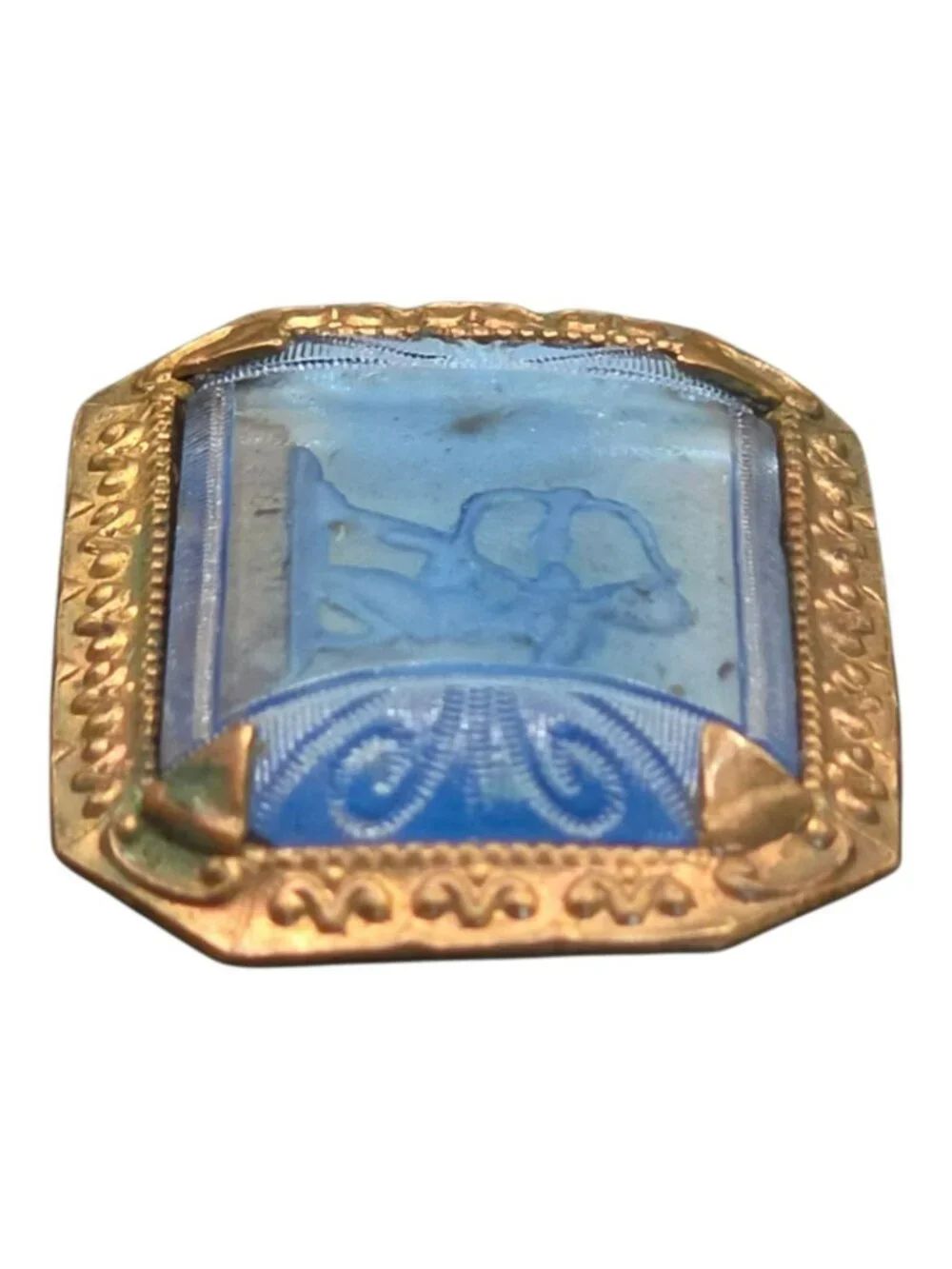 Antique Bohemia Intaglio Iridescent Blue Glass Cameo Buckle Greek Hunter